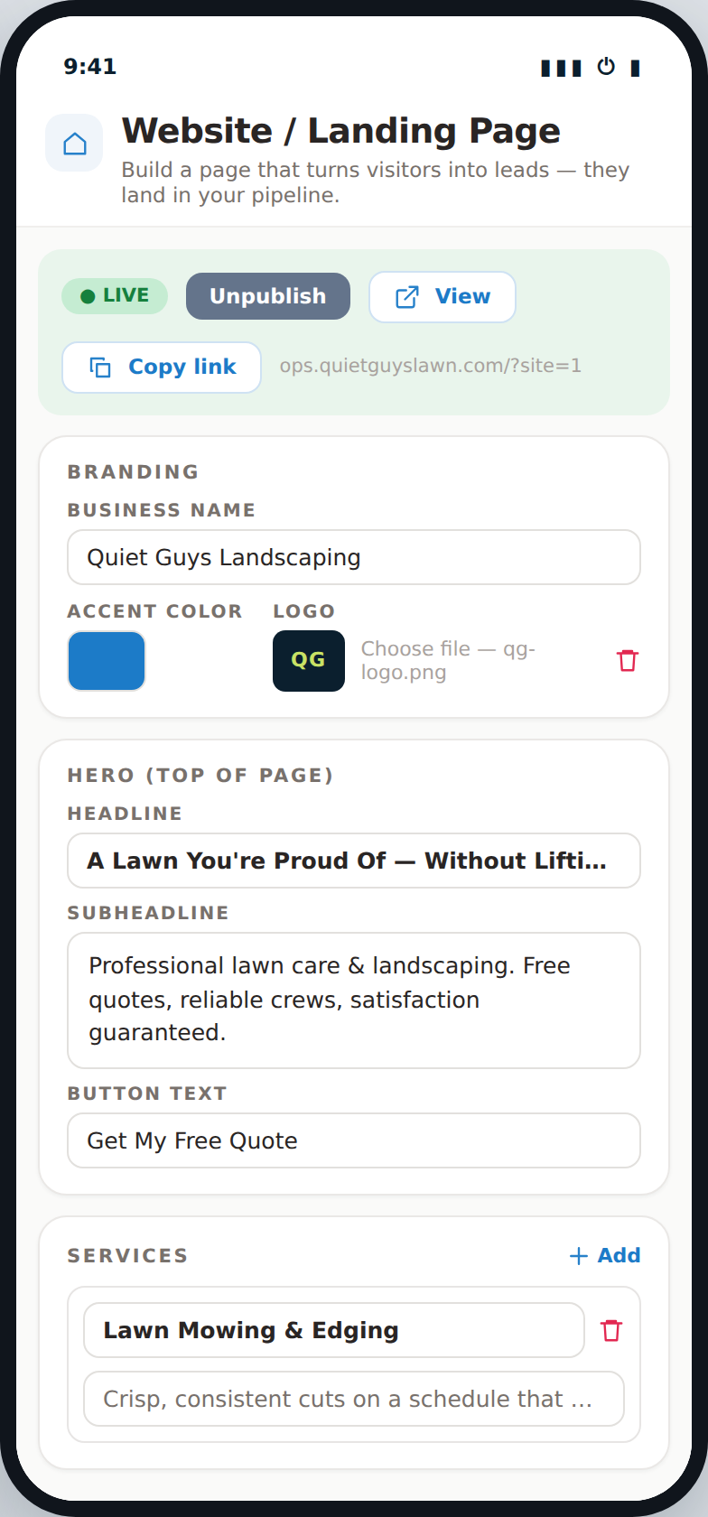 Opsly Website builder on mobile